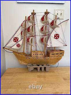Vintage OOAK Spanish Armada Model Ship Matchstick Tramp Art, 29x26 lights up